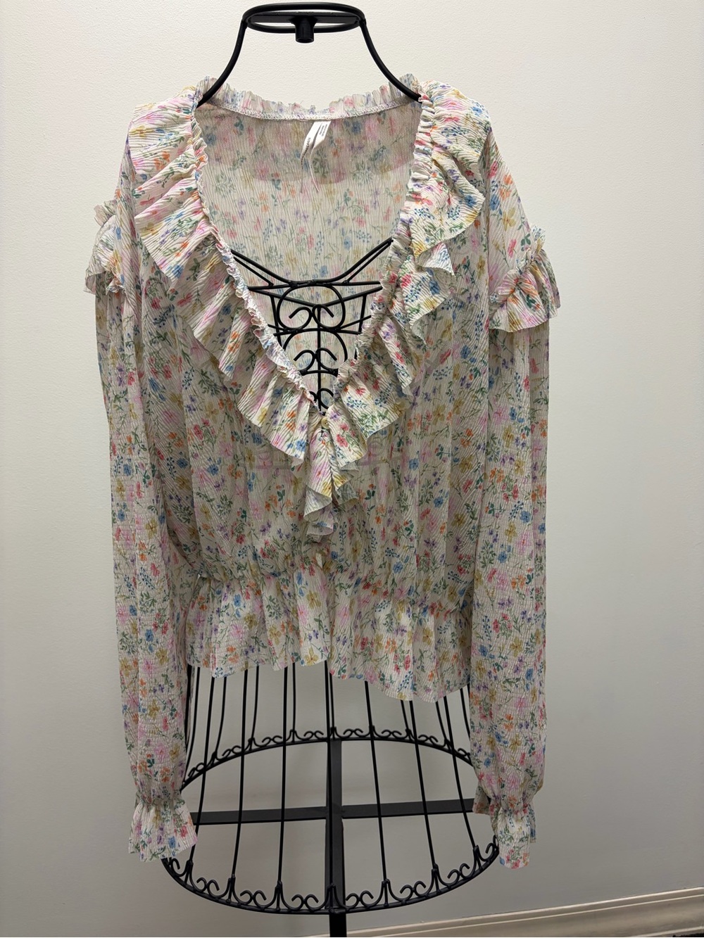 Anthropologie Ruffled V-Neck Floral Blouse in Cream with Pastel Print